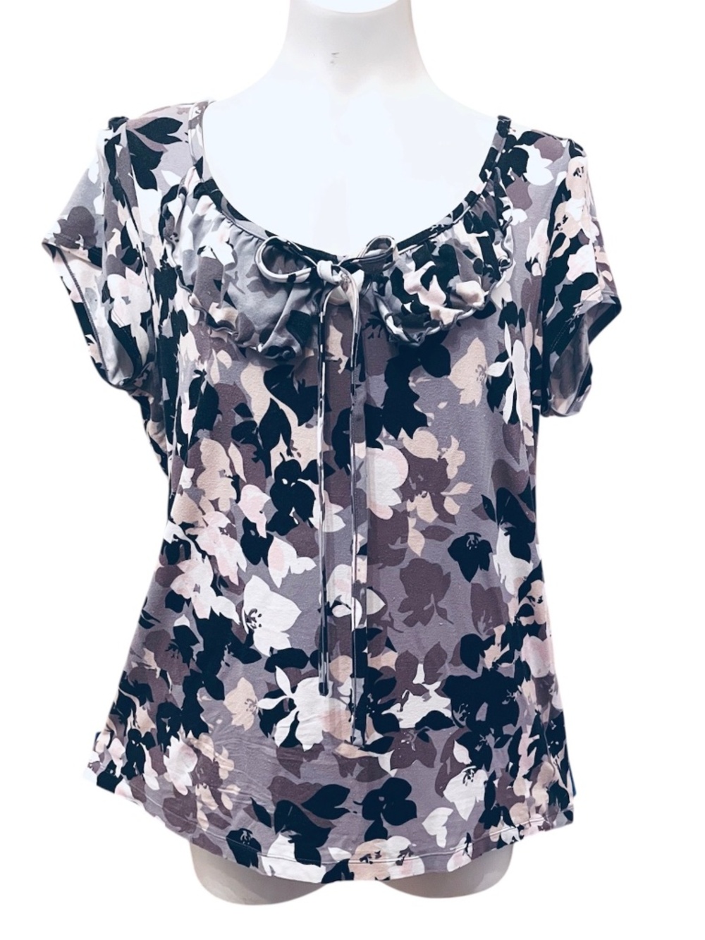Vintage Tribal Ruffle Collar Tie Front Gray Black Floral Stretch Top Size L
